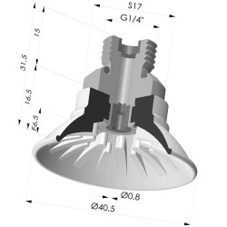 Ventosa Plana Serie 99 Ø 40.5 mm con Inserto Macho G1/4", filtro y aspersor